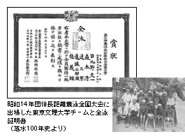 昭和14年団体長距離競泳全国大会に出場した東京文理大学チームと全泳証明書(茗水100年史より)